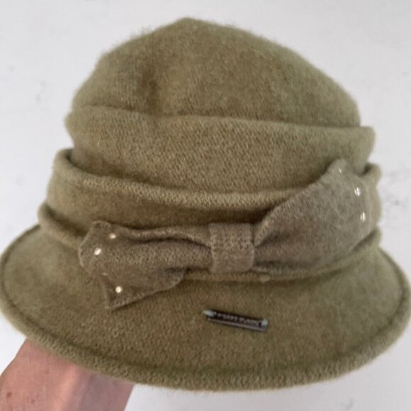 Picabo Black 100% Wool Funky Fall Hat w Side Bow Detail Moss Green Sz OS - Picture 2 of 9